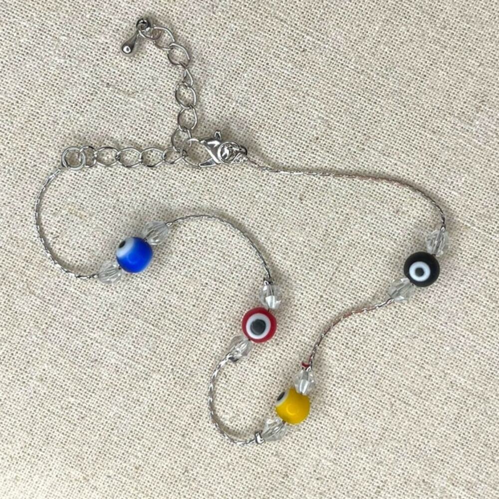 Evil Eye Anklet Silver Tone Colorful Beaded Boho Protection Bracelet